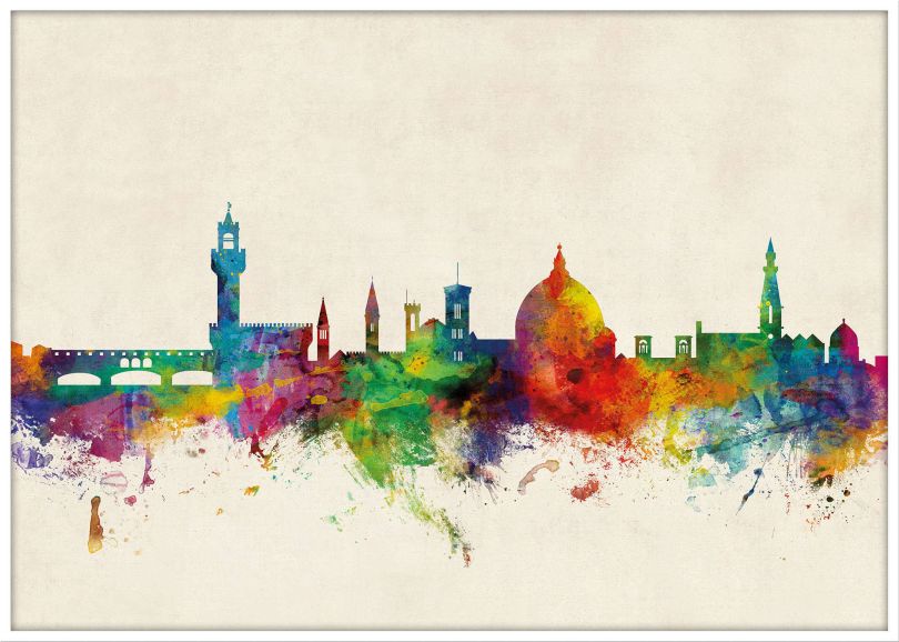 Large Florence Watercolour Skyline (Wood Frame - White)