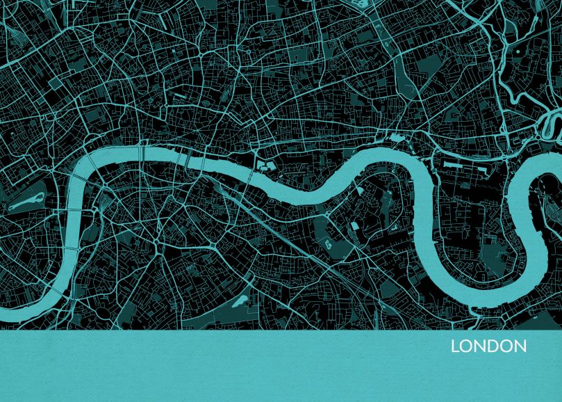 A3 London City Street Map Print Turquoise (Matt Art Paper)