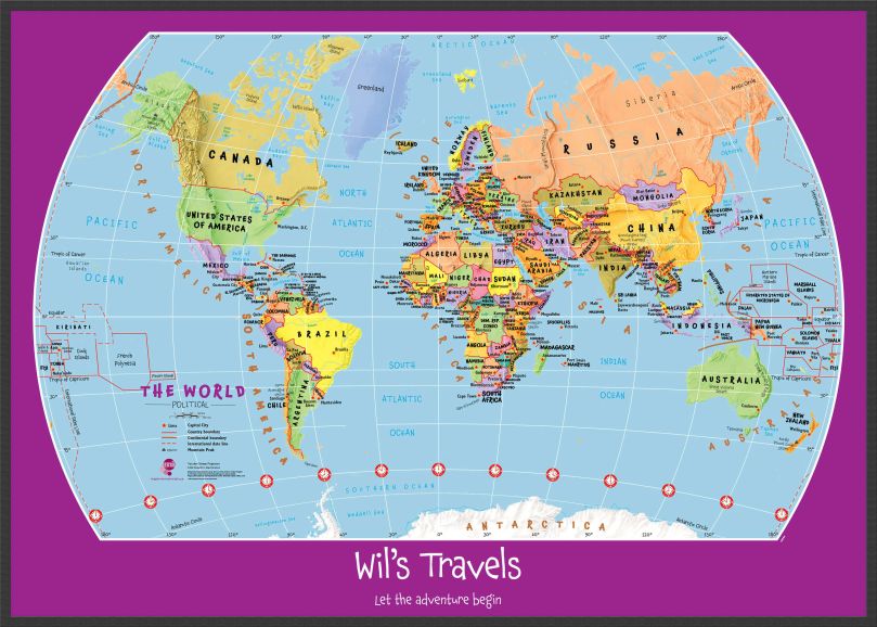Large Personalised Child's World Map (Wood Frame - Black)