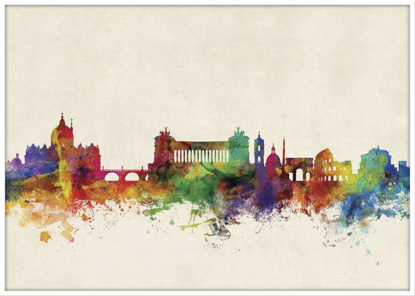 Large Rome Watercolour Skyline (Wood Frame - White)