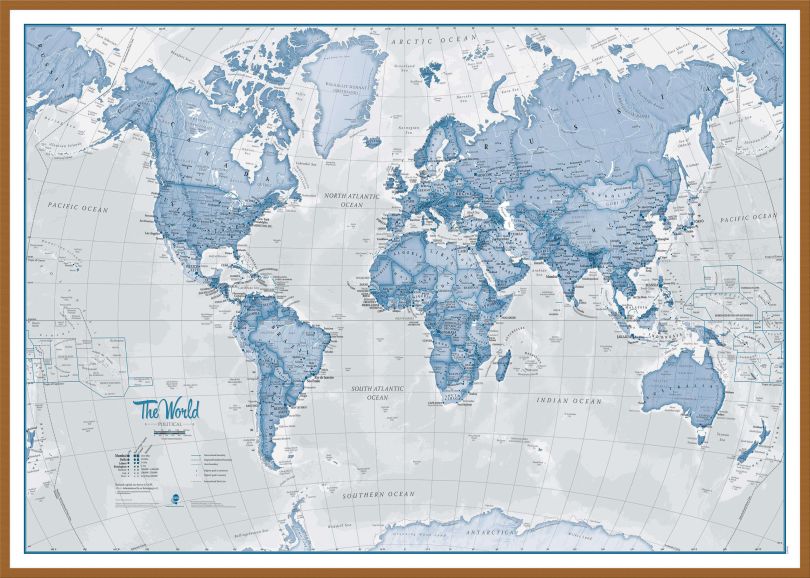 Large The World Is Art - Wall Map Blue (Wood Frame - Teak)