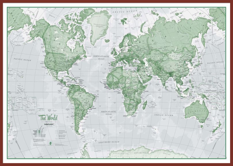 Huge The World Is Art - Wall Map Green (Pinboard & framed - Dark Oak)