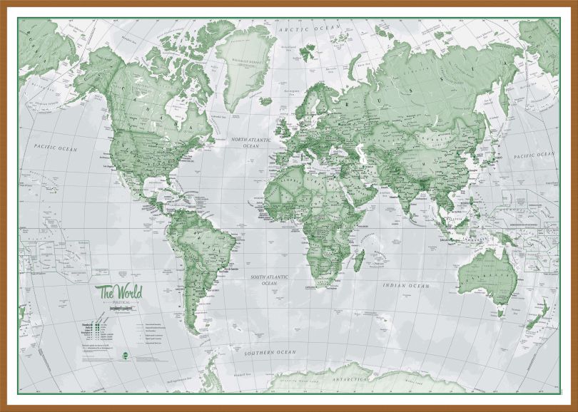 Large The World Is Art - Wall Map Green (Wood Frame - Teak)