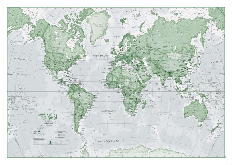 Large The World Is Art - Wall Map Green (Wood Frame - White)