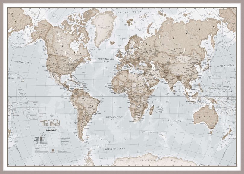 Large The World Is Art - Wall Map Neutral (Pinboard & framed - Silver)
