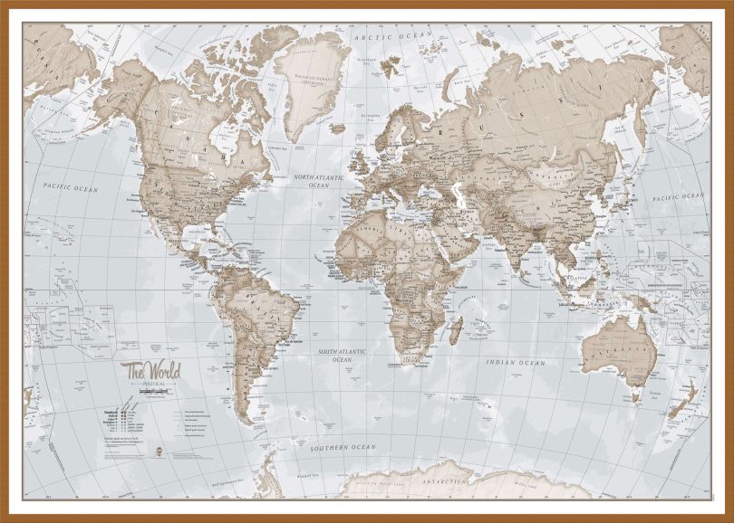Large The World Is Art - Wall Map Neutral (Wood Frame - Teak)