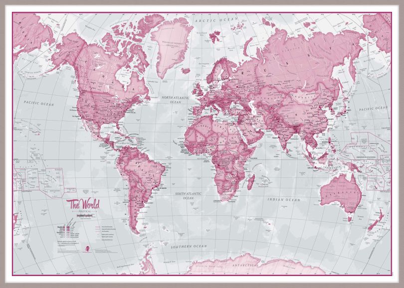 Large The World Is Art - Wall Map Pink (Pinboard & framed - Silver)