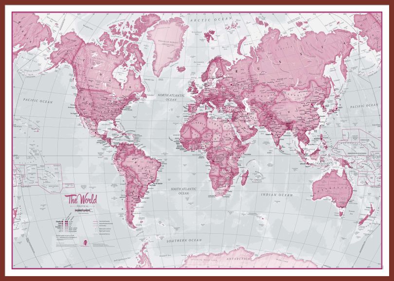 Large The World Is Art - Wall Map Pink (Pinboard & framed - Dark Oak)