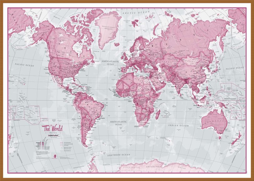 Large The World Is Art - Wall Map Pink (Wood Frame - Teak)