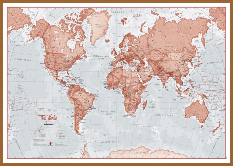 Large The World Is Art - Wall Map Red (Wood Frame - Teak)