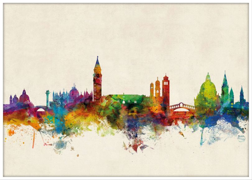 Large Venice Watercolour Skyline (Wood Frame - White)