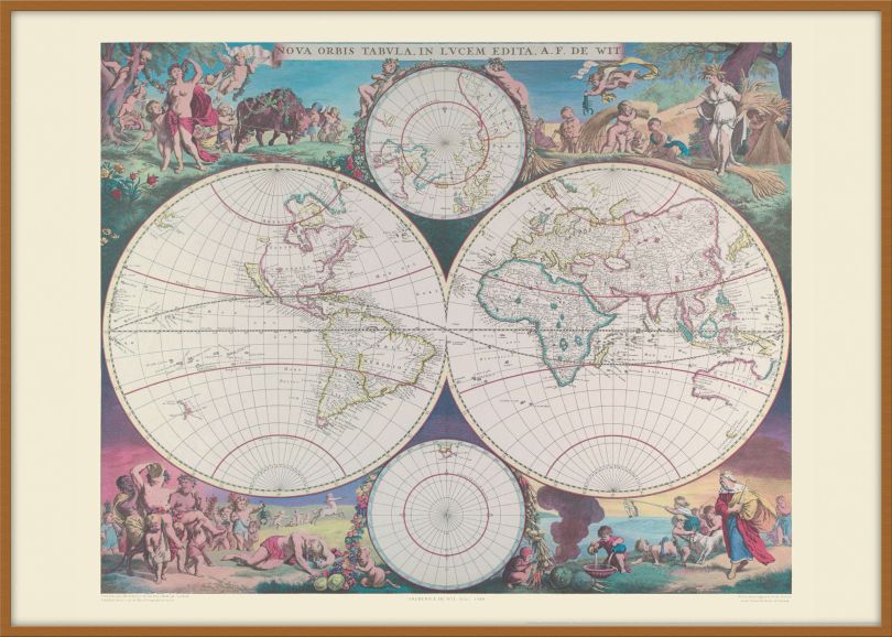 Large Vintage Double Hemisphere World Map 1689 (Pinboard & wood frame - Teak)