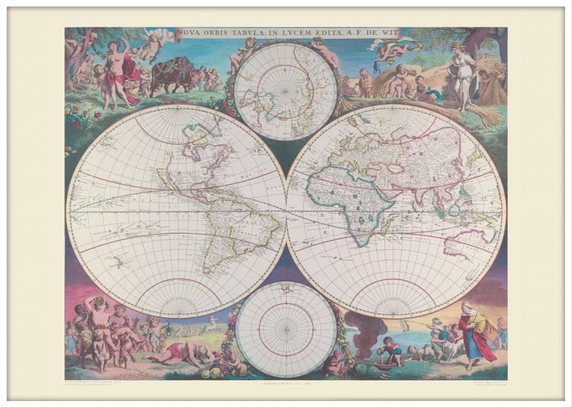 Large Vintage Double Hemisphere World Map 1689 (Wood Frame - White)