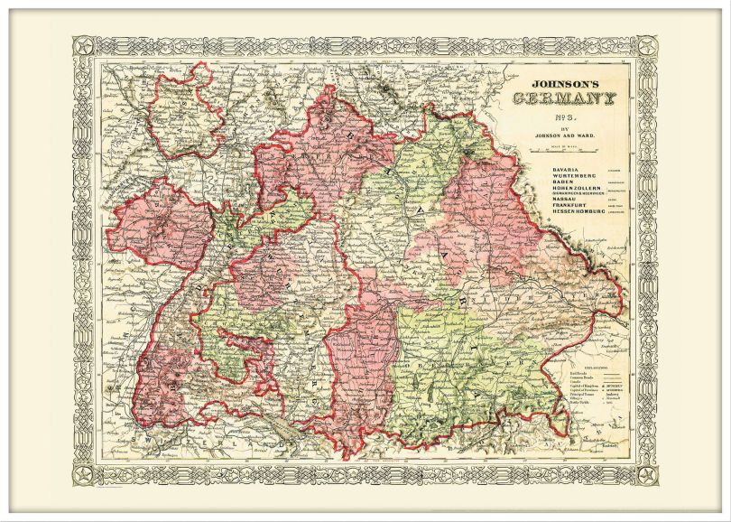 Large Vintage Johnsons Map of Germany No 3 (Wood Frame - White)