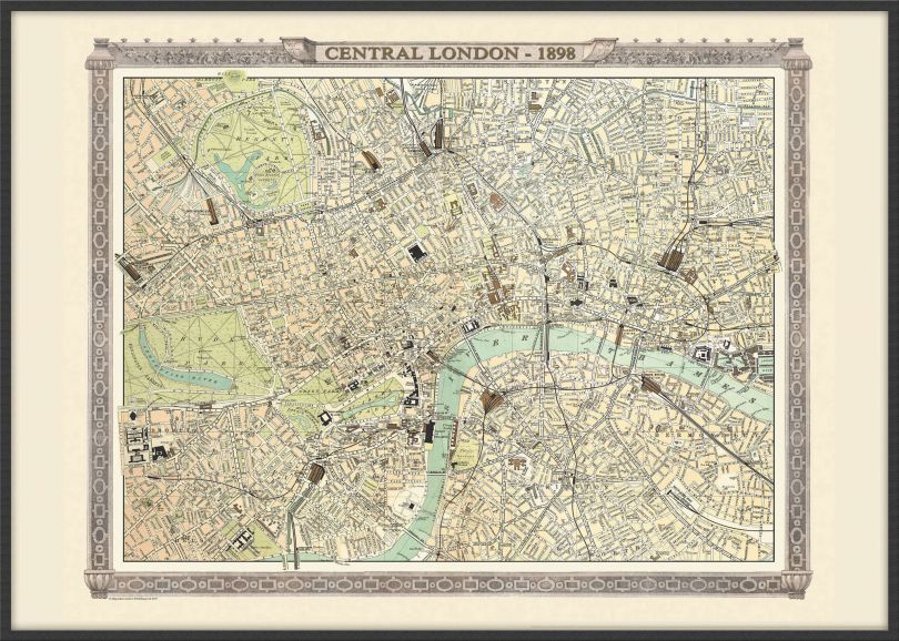 Large Vintage London Map from the Royal Atlas 1898 (Wood Frame - Black)