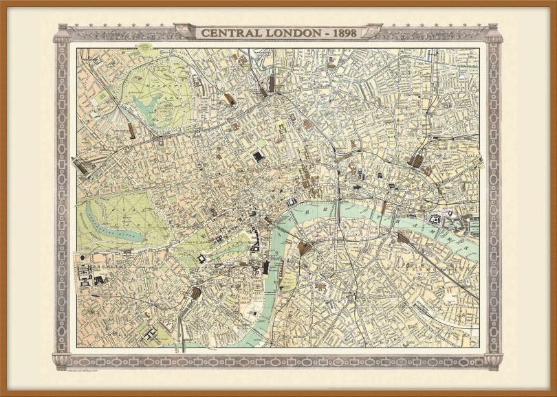 Large Vintage London Map from the Royal Atlas 1898 (Wood Frame - Teak)