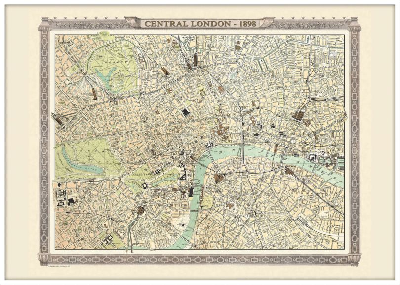 Large Vintage London Map from the Royal Atlas 1898 (Wood Frame - White)