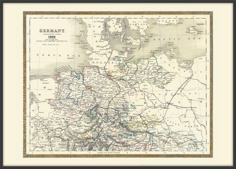 Large Vintage Map of Northern Germany (Wood Frame - Black)