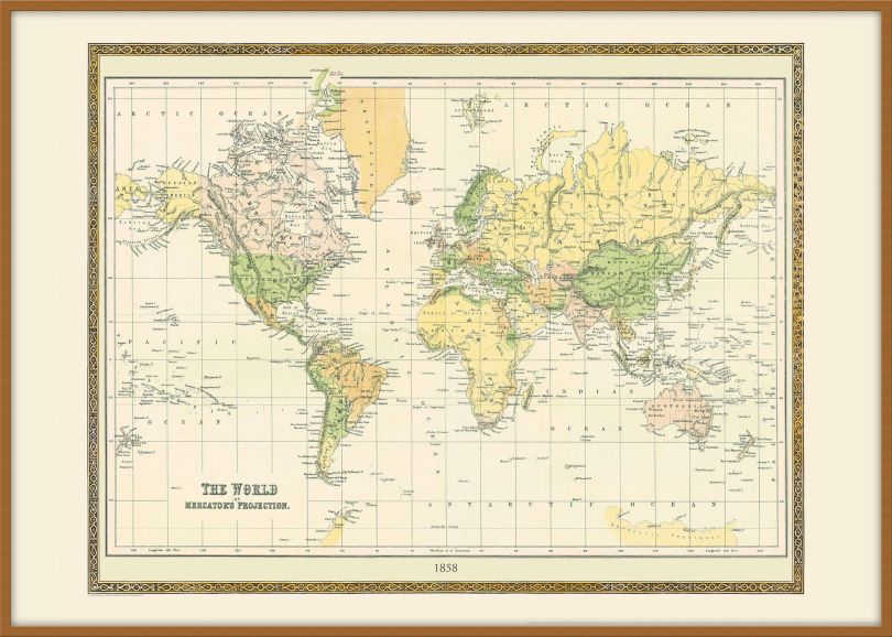Large Vintage Mercators Projection World Map 1858 (Wood Frame - Teak)