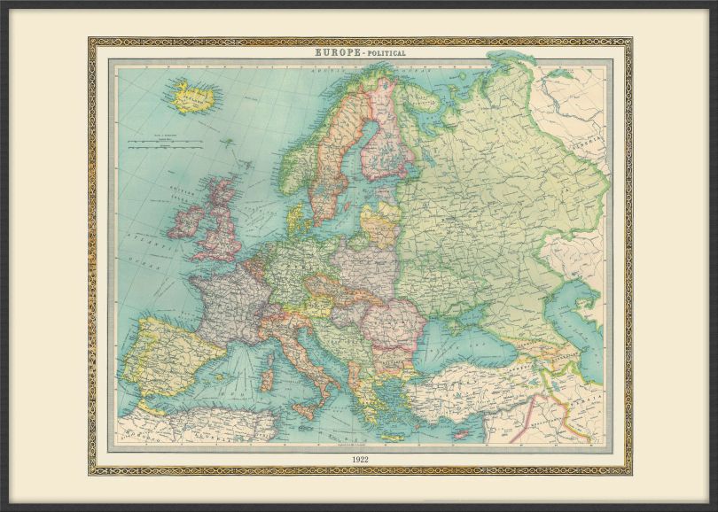 Large Vintage Political Europe Map 1922 (Wood Frame - Black)