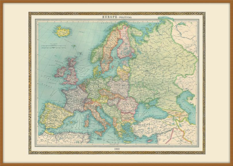Large Vintage Political Europe Map 1922 (Wood Frame - Teak)