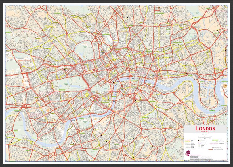 Large Central London street Wall Map (Wood Frame - Black)