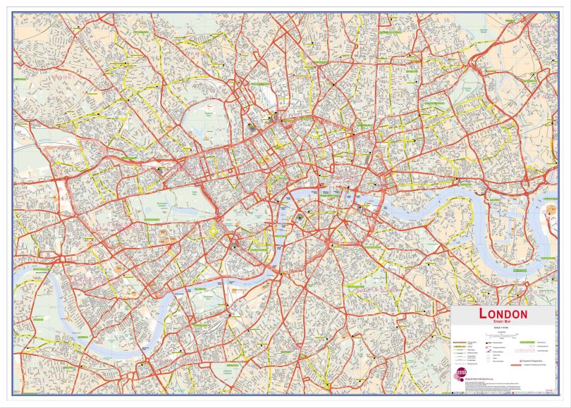 Large Central London street Wall Map (Wood Frame - White)