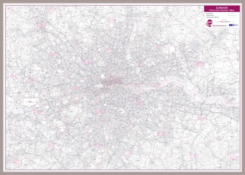 London Postcode District Wall Map (within M25) (Pinboard & framed - Silver)