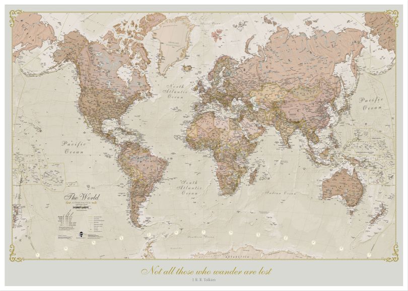 Large Personalised Antique World Map (Wood Frame - White)