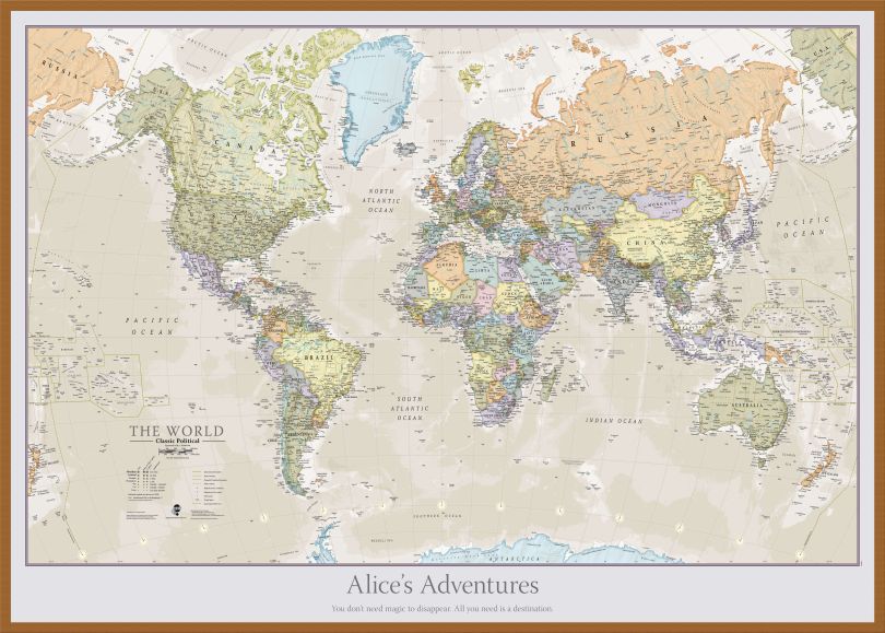 Large Personalised Classic World Map (Wood Frame - Teak)