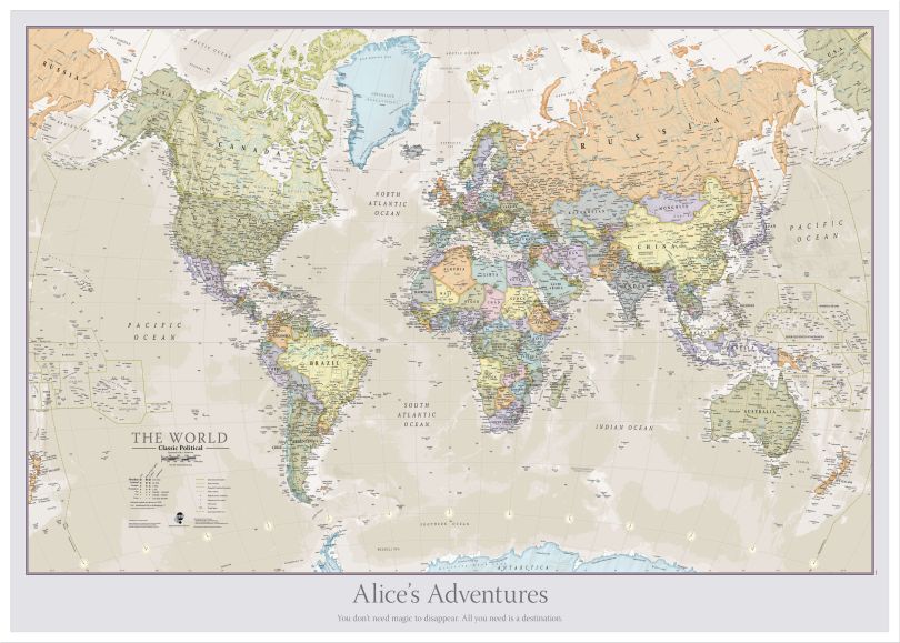 Large Personalised Classic World Map (Wood Frame - White)