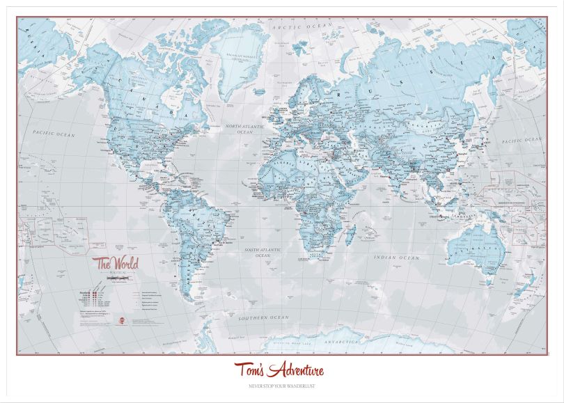 Large Personalised World Is Art - Wall Map Aqua (Wood Frame - White)