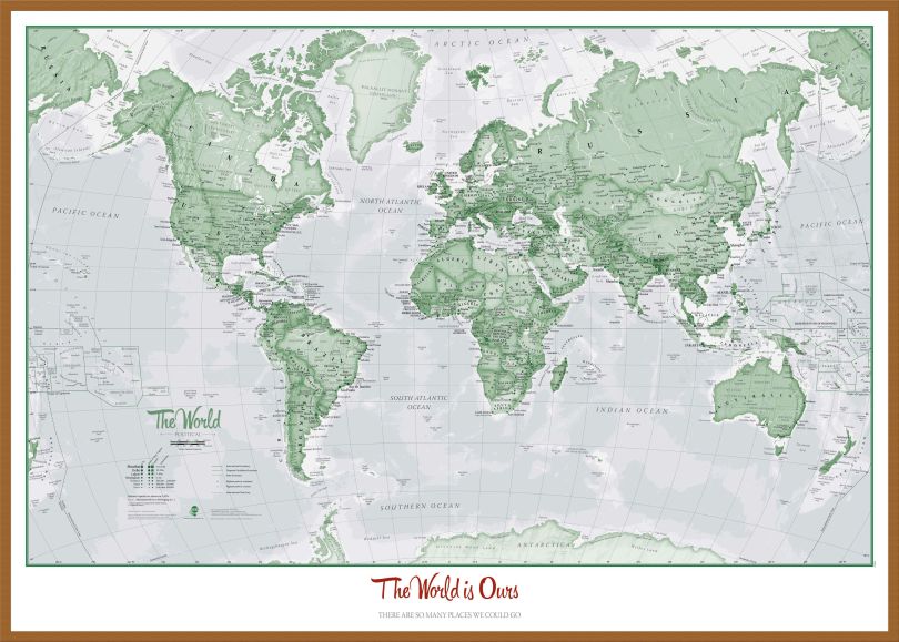 Large Personalised World Is Art - Wall Map Green (Wood Frame - Teak)