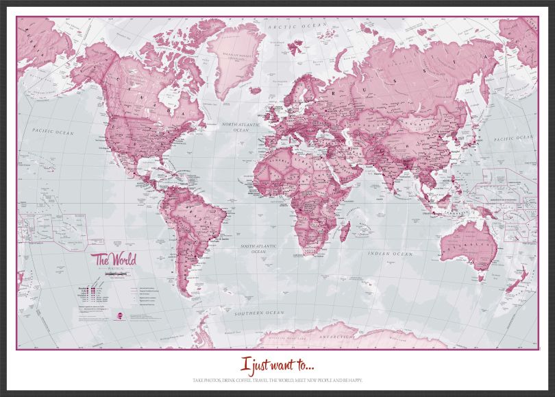 Large Personalised World Is Art - Wall Map Pink (Wood Frame - Black)