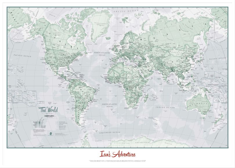 Large Personalised World Is Art - Wall Map Rustic (Wood Frame - White)