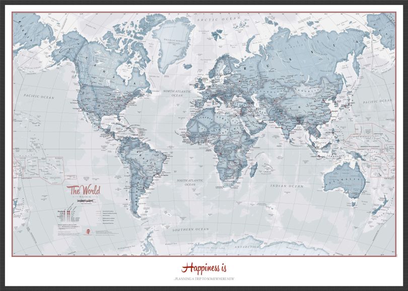 Large Personalised World Is Art - Wall Map Teal (Wood Frame - Black)