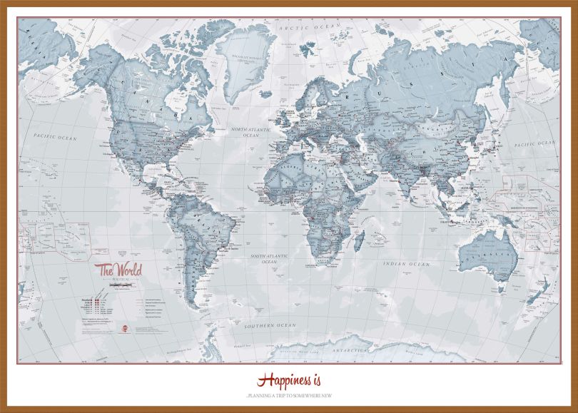 Large Personalised World Is Art - Wall Map Teal (Wood Frame - Teak)