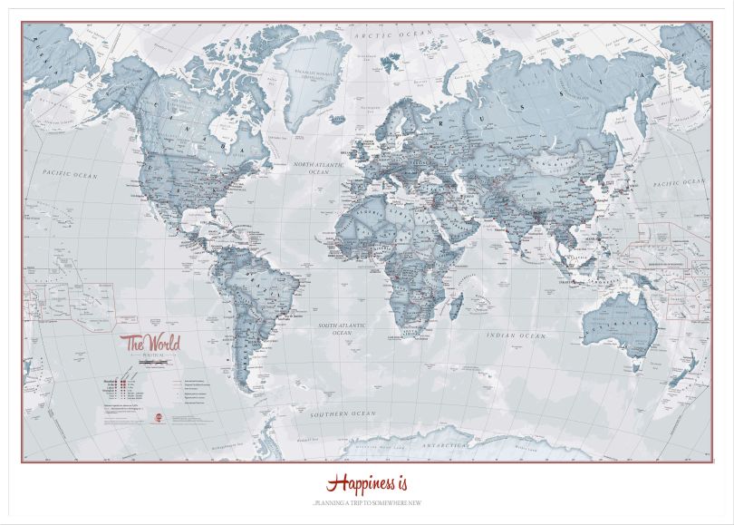 Large Personalised World Is Art - Wall Map Teal (Wood Frame - White)