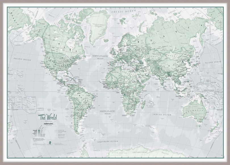 Large The World Is Art - Wall Map Rustic (Pinboard & framed - Silver)