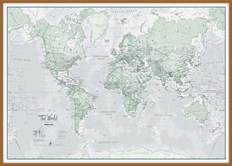Large The World Is Art - Wall Map Rustic (Wood Frame - Teak)