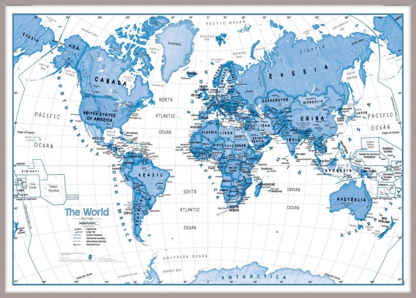 Large Children's Art Map of the World Blue (Pinboard & framed - Silver)