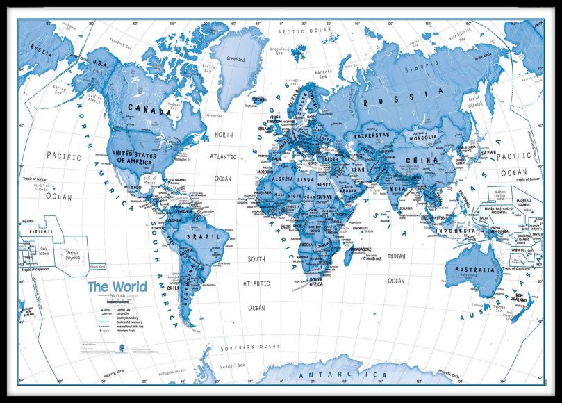 Large Children's Art Map of the World Blue (Pinboard & framed - Black)