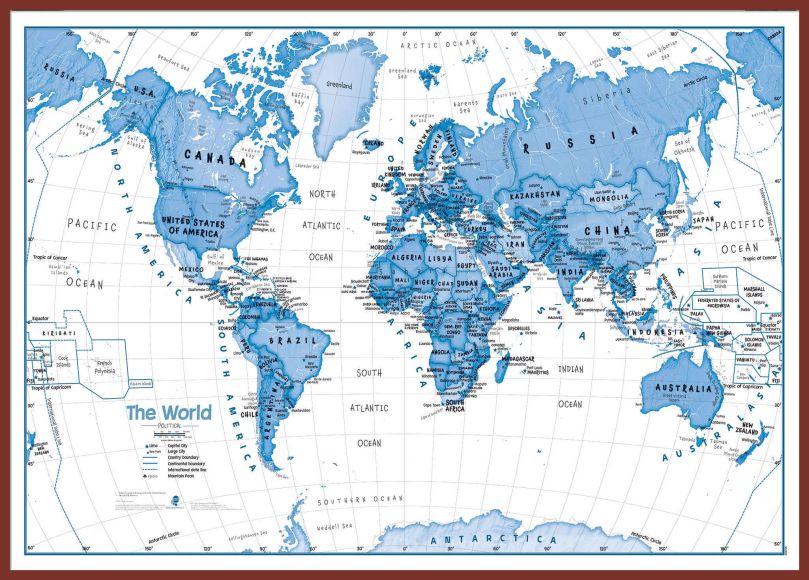 Huge Children's Art Map of the World Blue (Pinboard & framed - Dark Oak)