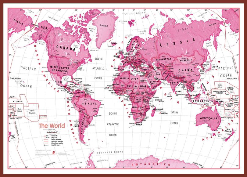 Large Children's Art Map of the World Pink (Pinboard & framed - Dark Oak)