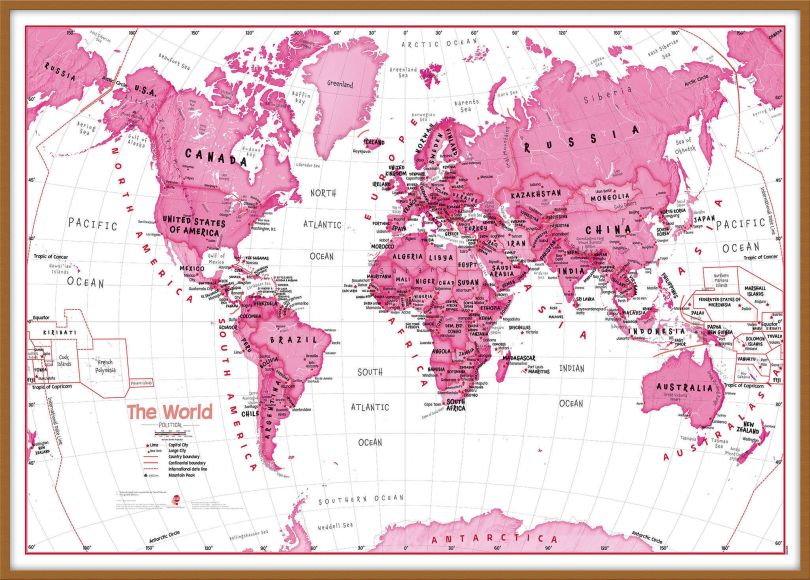 Large Children's Art Map of the World Pink (Wood Frame - Teak)