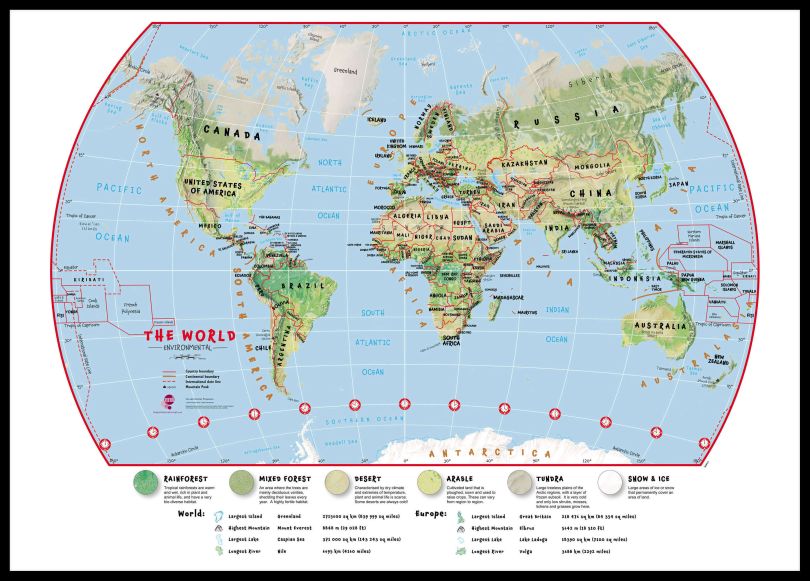 Huge Primary World Wall Map Environmental (Pinboard & framed - Black)