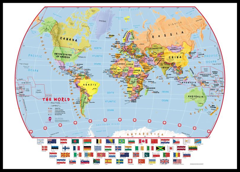 Large Primary World Wall Map Political with flags (Pinboard & framed - Black)