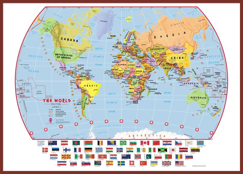 Large Primary World Wall Map Political with flags (Pinboard & framed - Dark Oak)