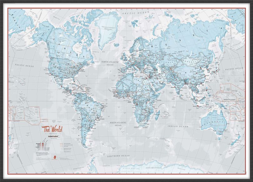 Large The World Is Art - Wall Map Aqua (Wood Frame - Black)