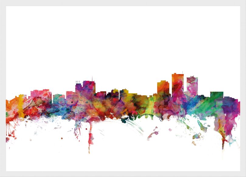 Medium Anchorage Watercolour Skyline (Wood Frame - White)